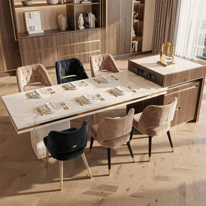 60"-79"Wood & Marble Kitchen Island Dining Combo with Built-in Power Station & Storage Cabinet