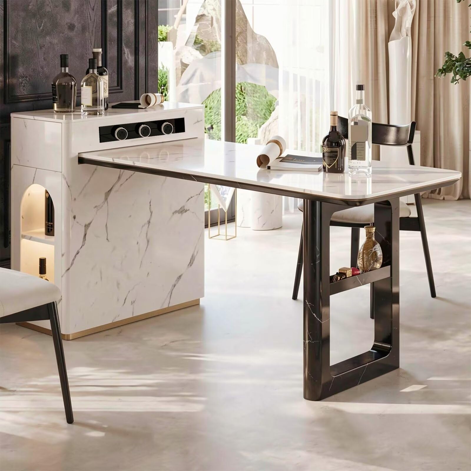 60"-79"White Marble Kitchen Island Dining Combo with Built-in Outlets & Side Storage