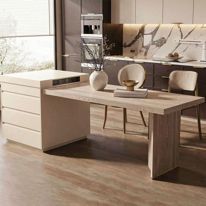 60"-79"Modern Wood Kitchen Island Dining Combo with Built-in Outlets & Storage Drawers