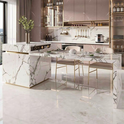 60“-79”Luxury Modern Marble Kitchen Island with Retractable Dining Table & Power Station