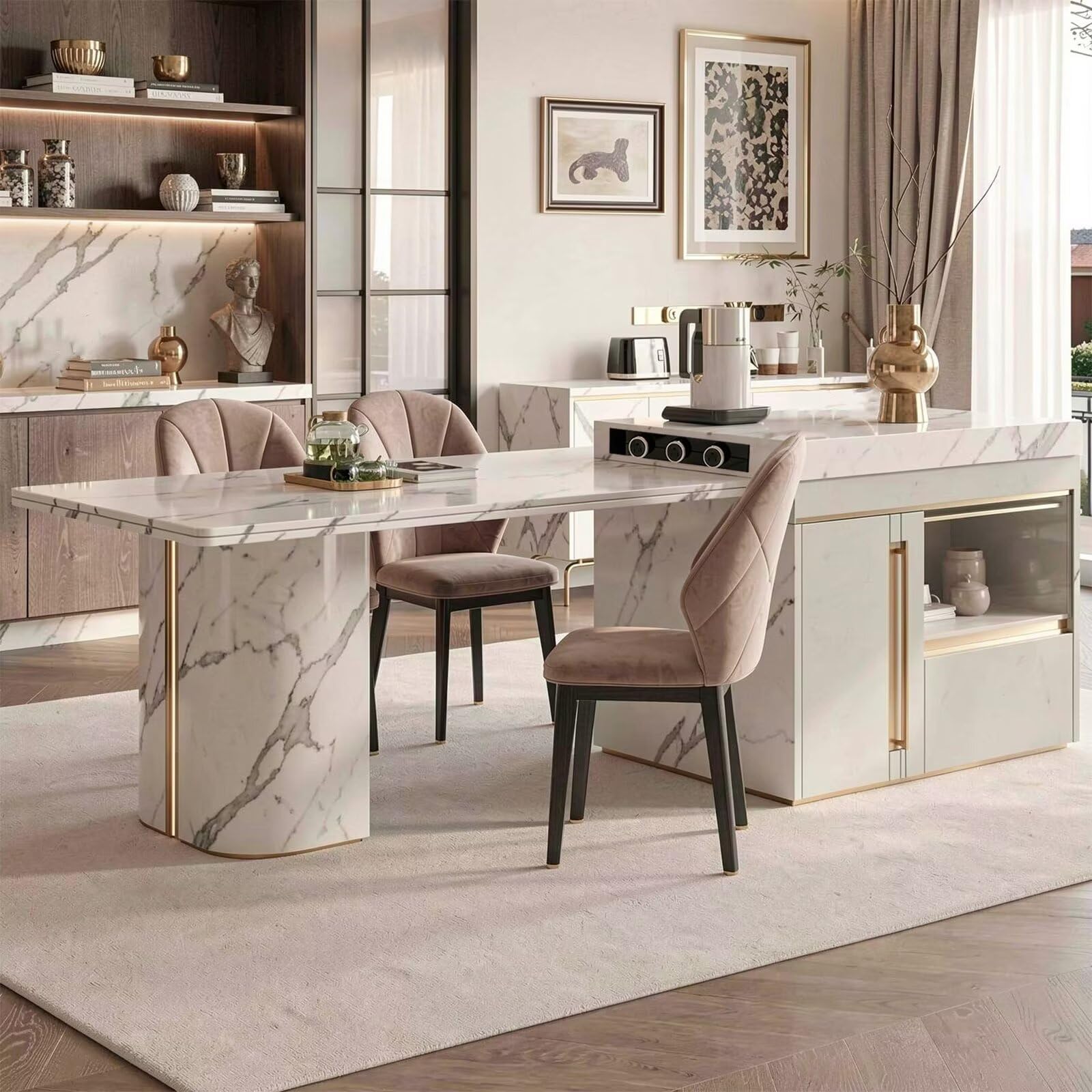 60"-79"Luxury White Marble Kitchen Island with Extendable Dining Table & Gold Trim