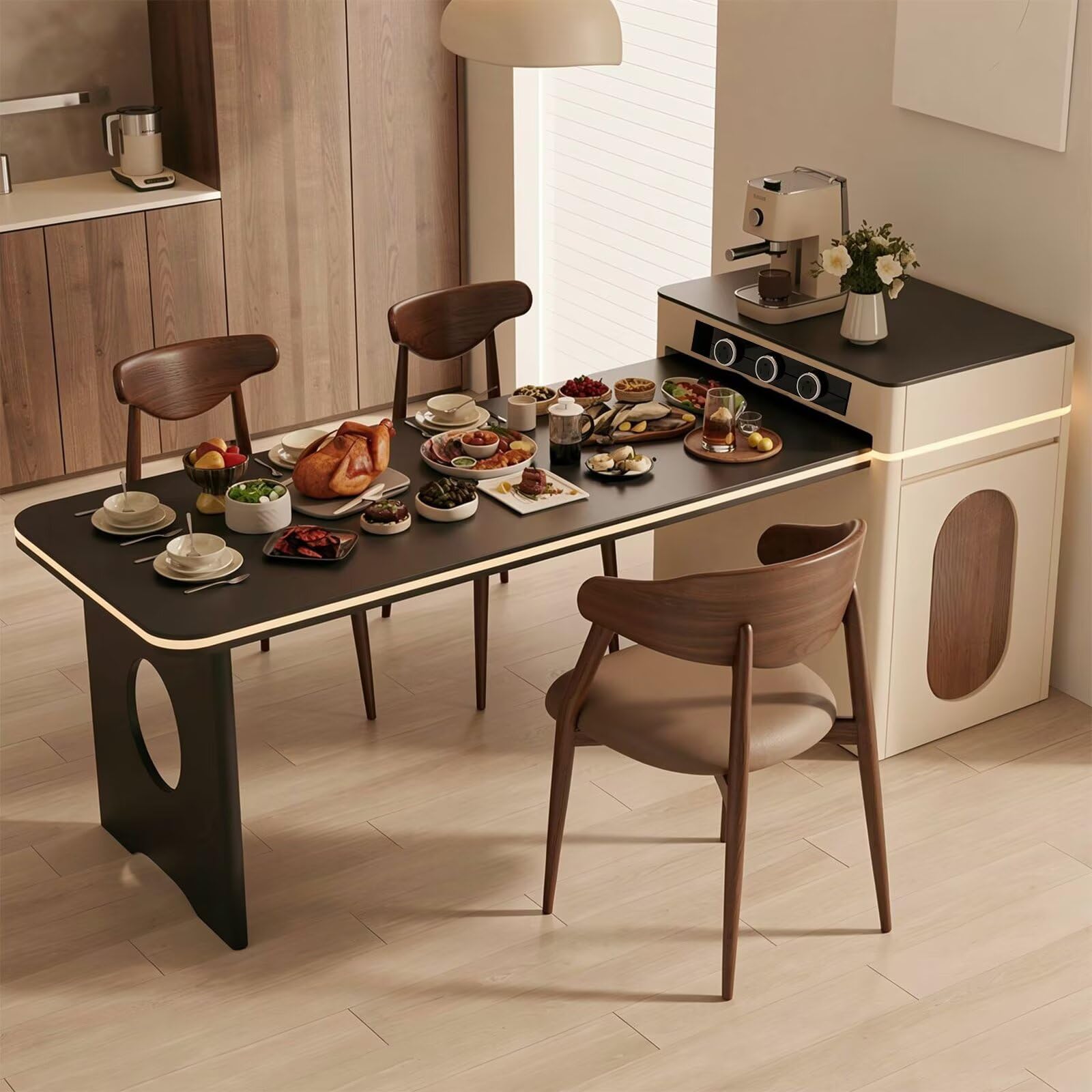 60"-79"Cream Style Kitchen Island with Black Dining Top, Power Outlets & Storage Cabinet