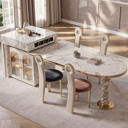 60"-79"Luxury Marble Kitchen Island with Oval Dining Table, Tea Station & Gold Trim
