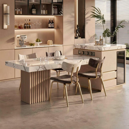 60"-79"Modern Marble Kitchen Island Dining Combo with Built-in Outlets & Wine Cooler