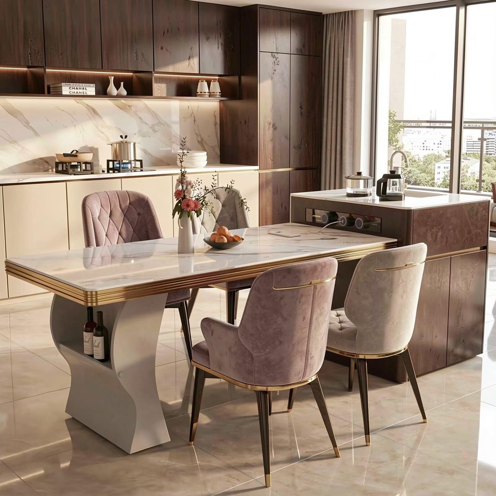 60"-79"Marble Kitchen Island Dining Combo with Built-in Outlets, Sink & Wine Storage