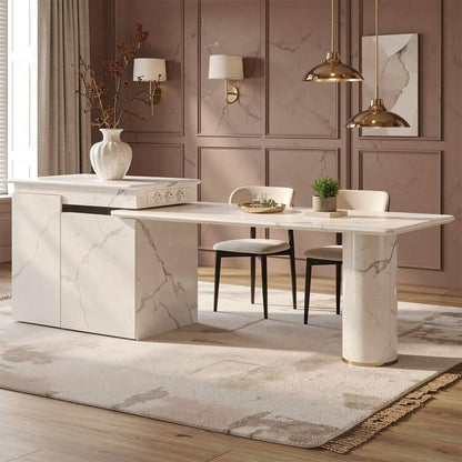 60"-79"Modern Marble Kitchen Island with Extendable Dining Table & Built-in Power Outlets