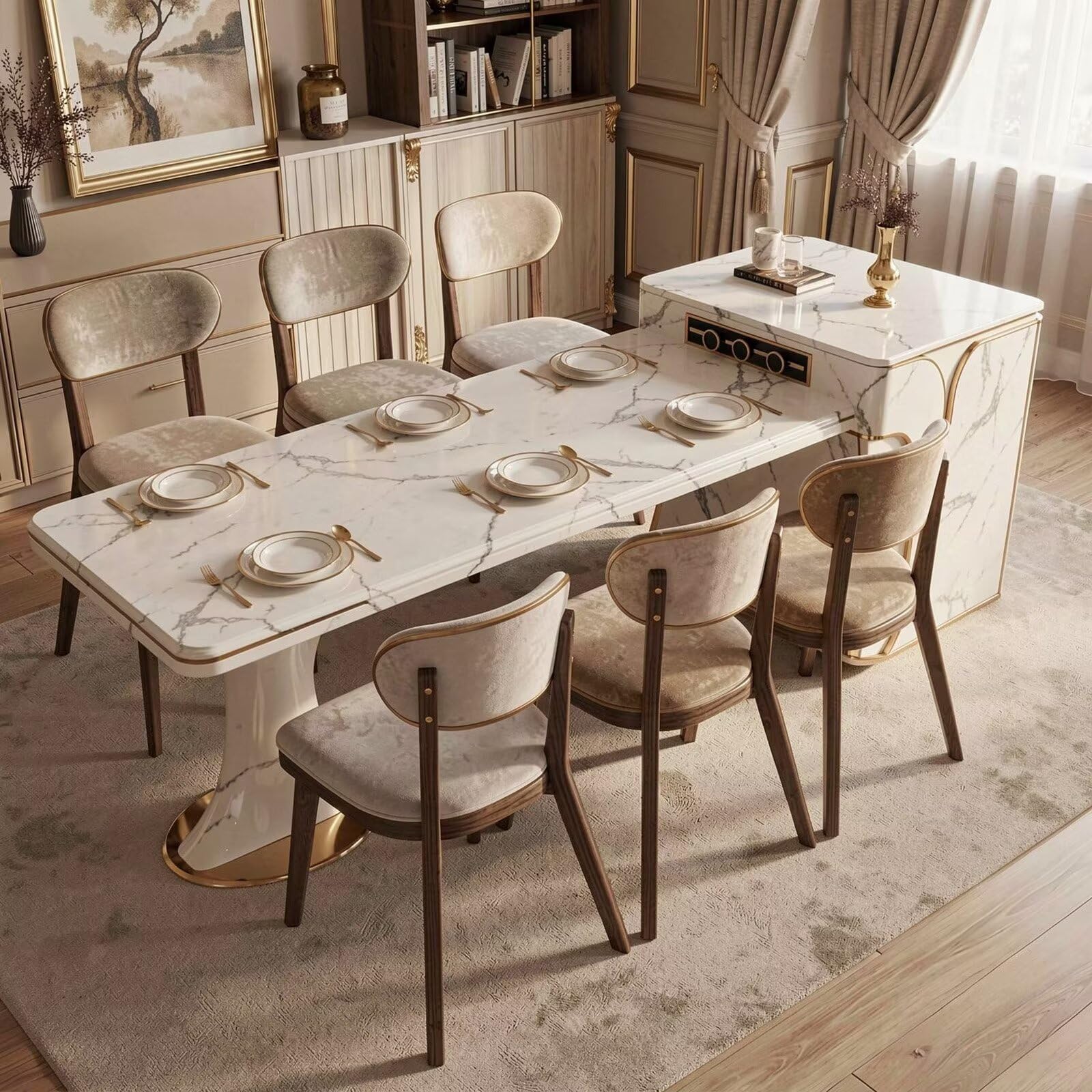 60"-79"Luxury Marble Kitchen Island with Extendable Dining Table & Gold Trim