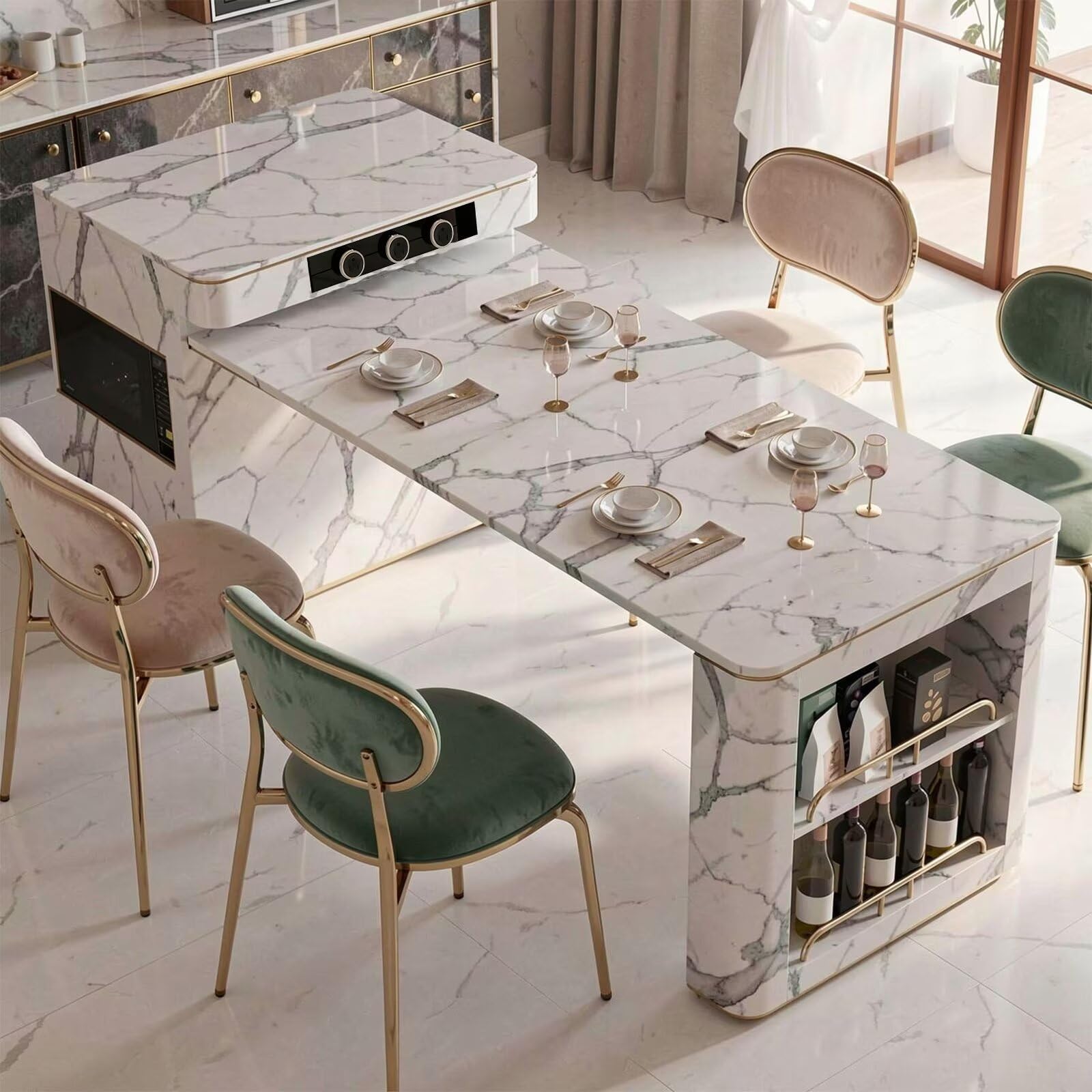60"-79"Marble Kitchen Island Dining Table with Wine Rack & Storage, Luxury Gold Trim
