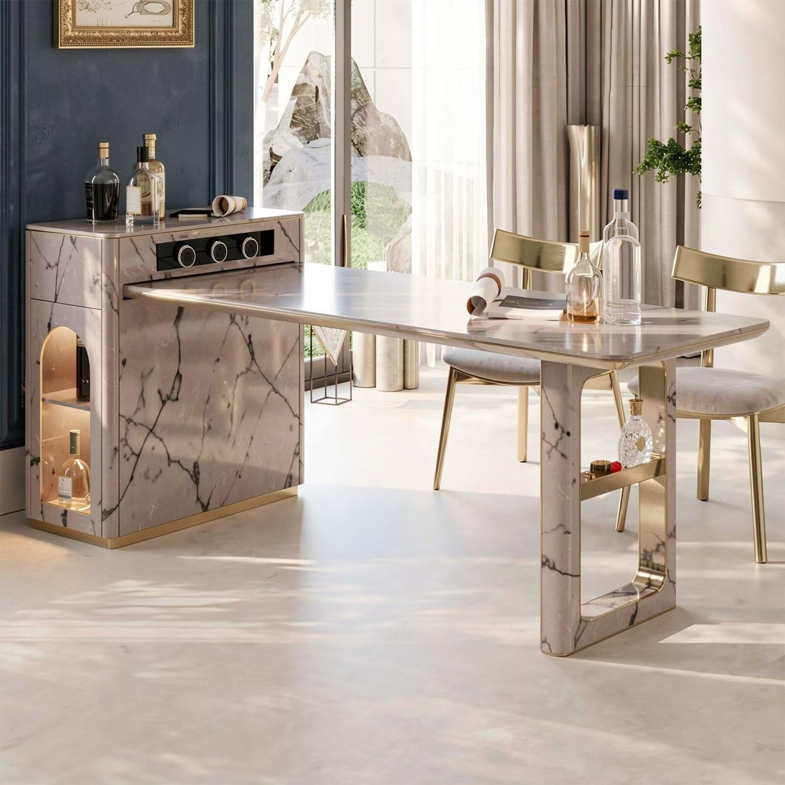 60"-79"Luxury Pink Marble Extendable Kitchen Island with Gold Trim & Side Wine Rack