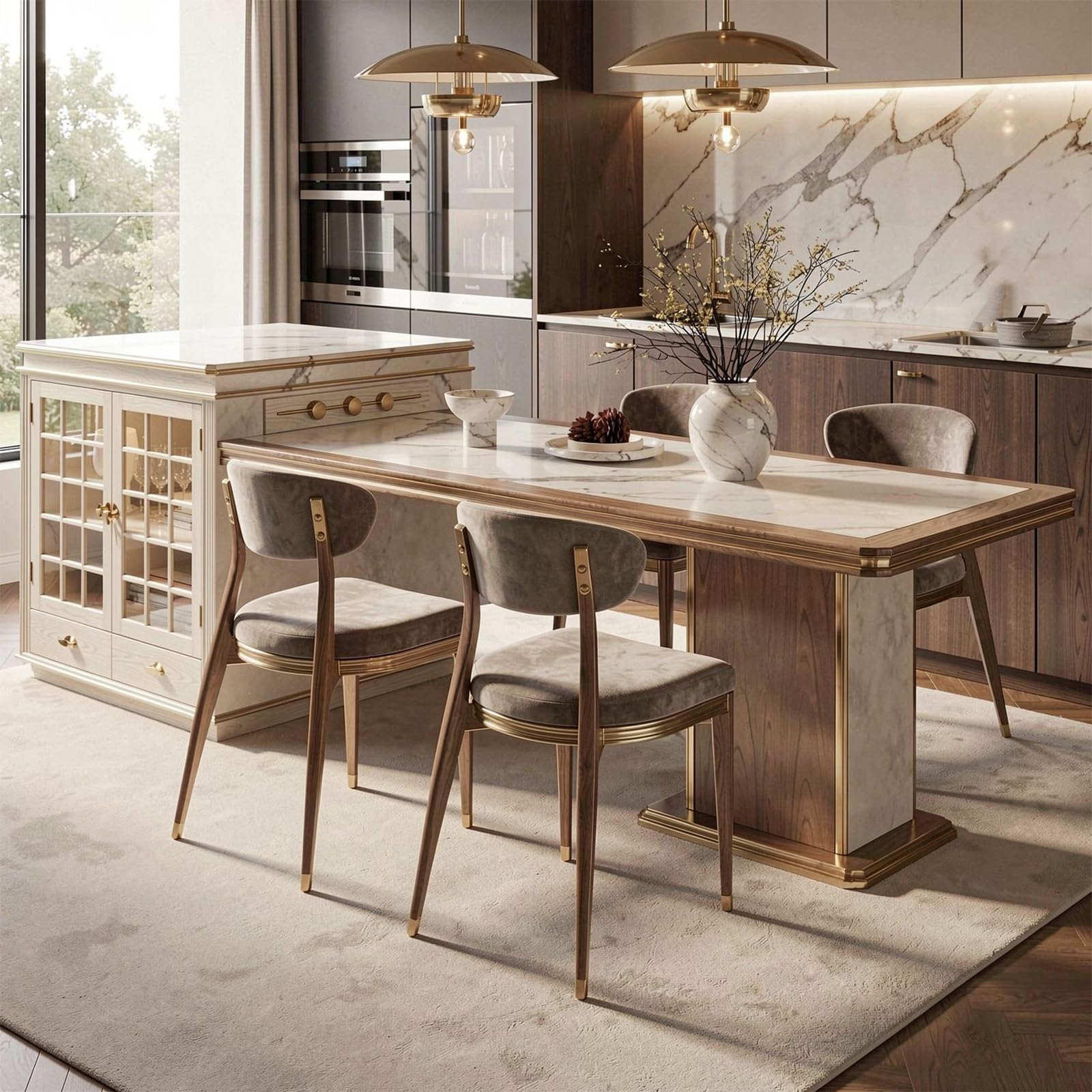 60"-79"Modern Calacatta Marble Kitchen Island with Integrated Dining Table & Gold Trim