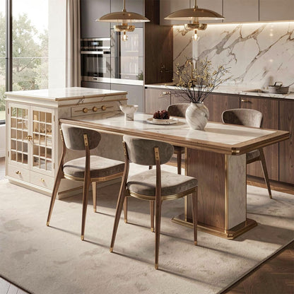 60"-79"Modern Calacatta Marble Kitchen Island with Integrated Dining Table & Gold Trim
