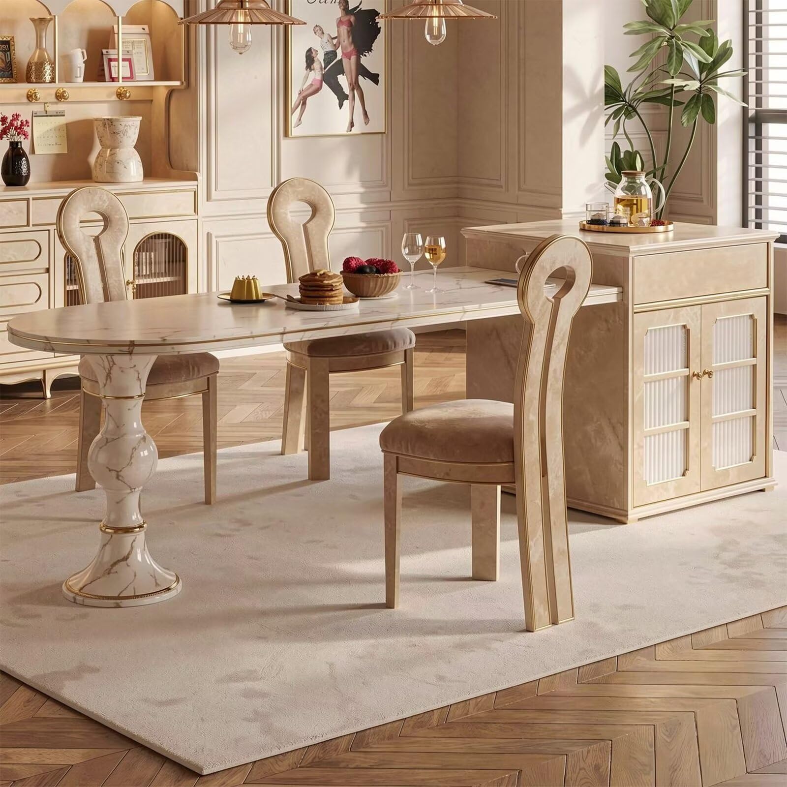 60"-79"French Cream Marble Kitchen Island Dining Combo with Storage Cabinet & Gold Trim