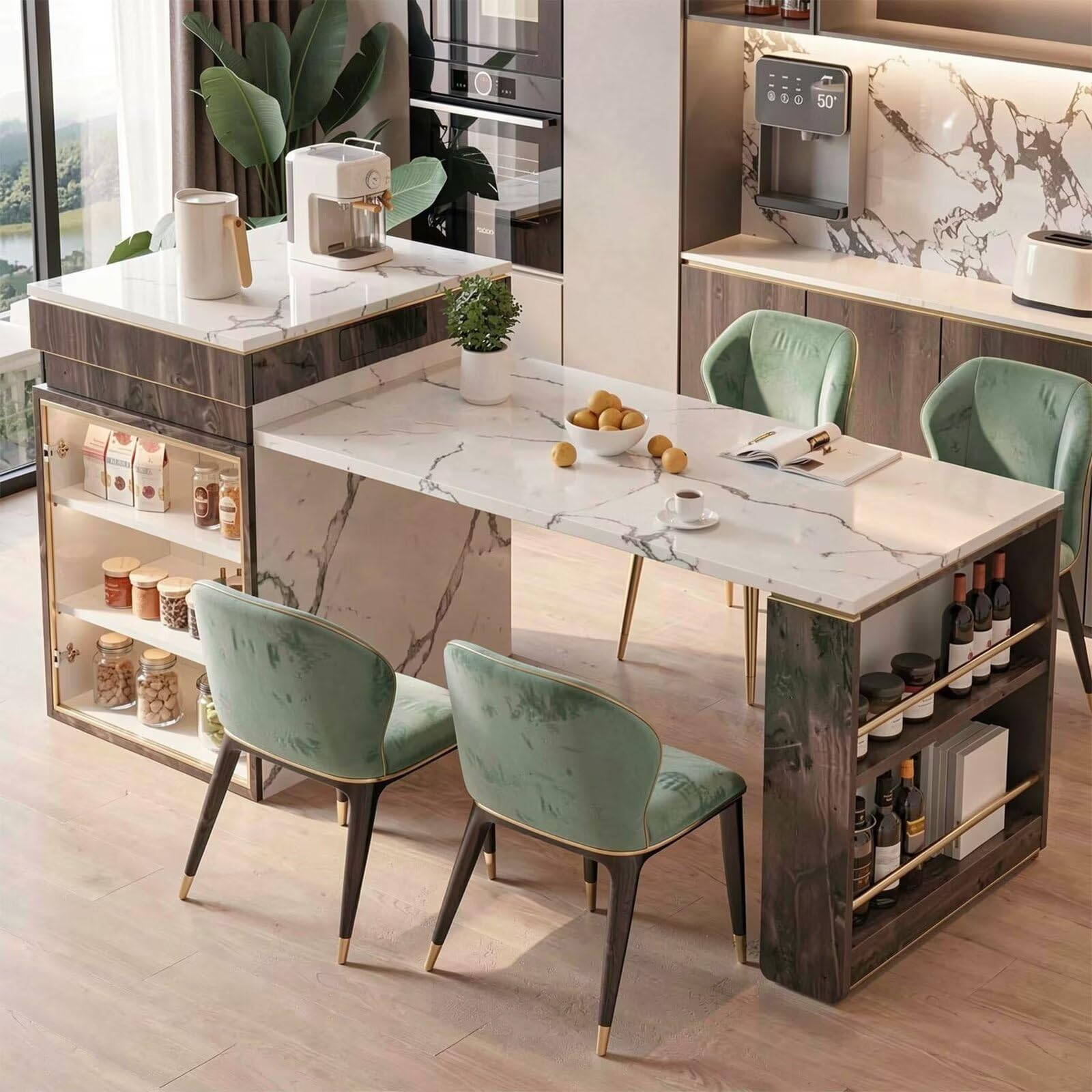 60"-79"Wood & Marble Kitchen Island Dining Combo with Built-in Power Strip & Open Storage Shelves