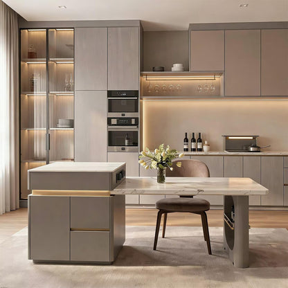 60"-79"Modern Kitchen Island Dining Combo with Marble Top, LED Light & Built-in Outlets