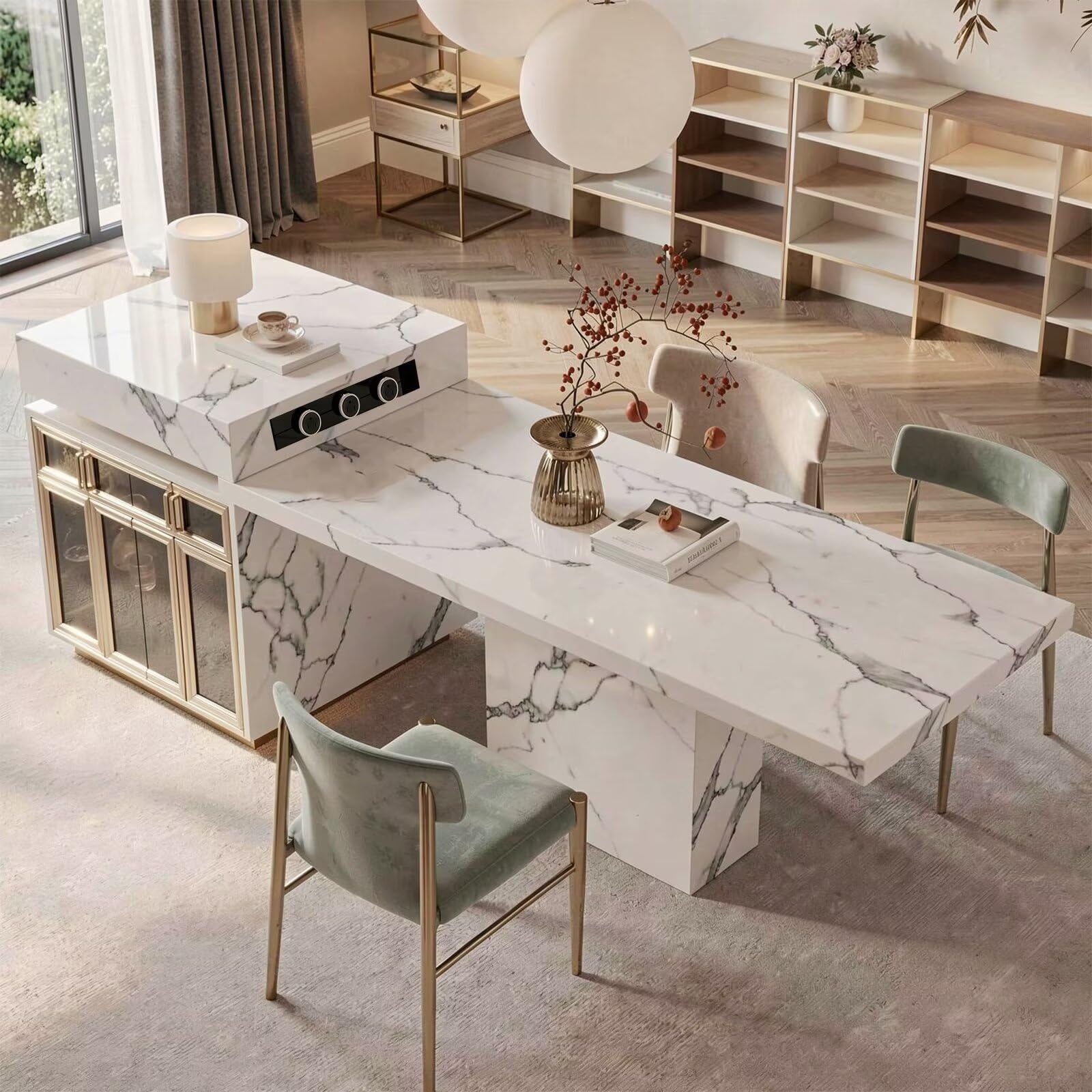 60"-79"Luxury Marble Kitchen Island with Dining Table, Gold Trim & Built-in Power Station