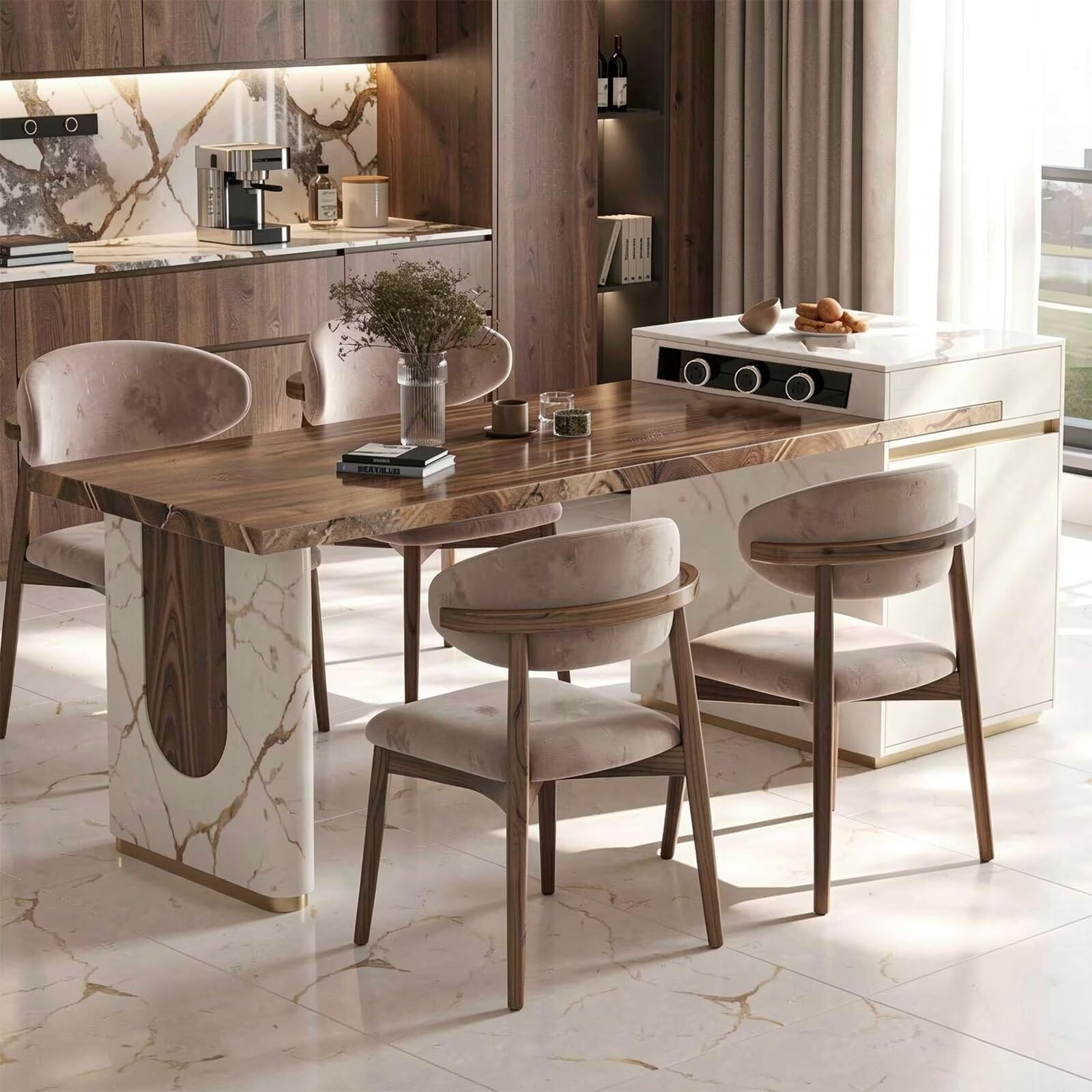 60"-79"Wood & Marble Kitchen Island Dining Table Combo with Built-in Outlets, Modern Luxury