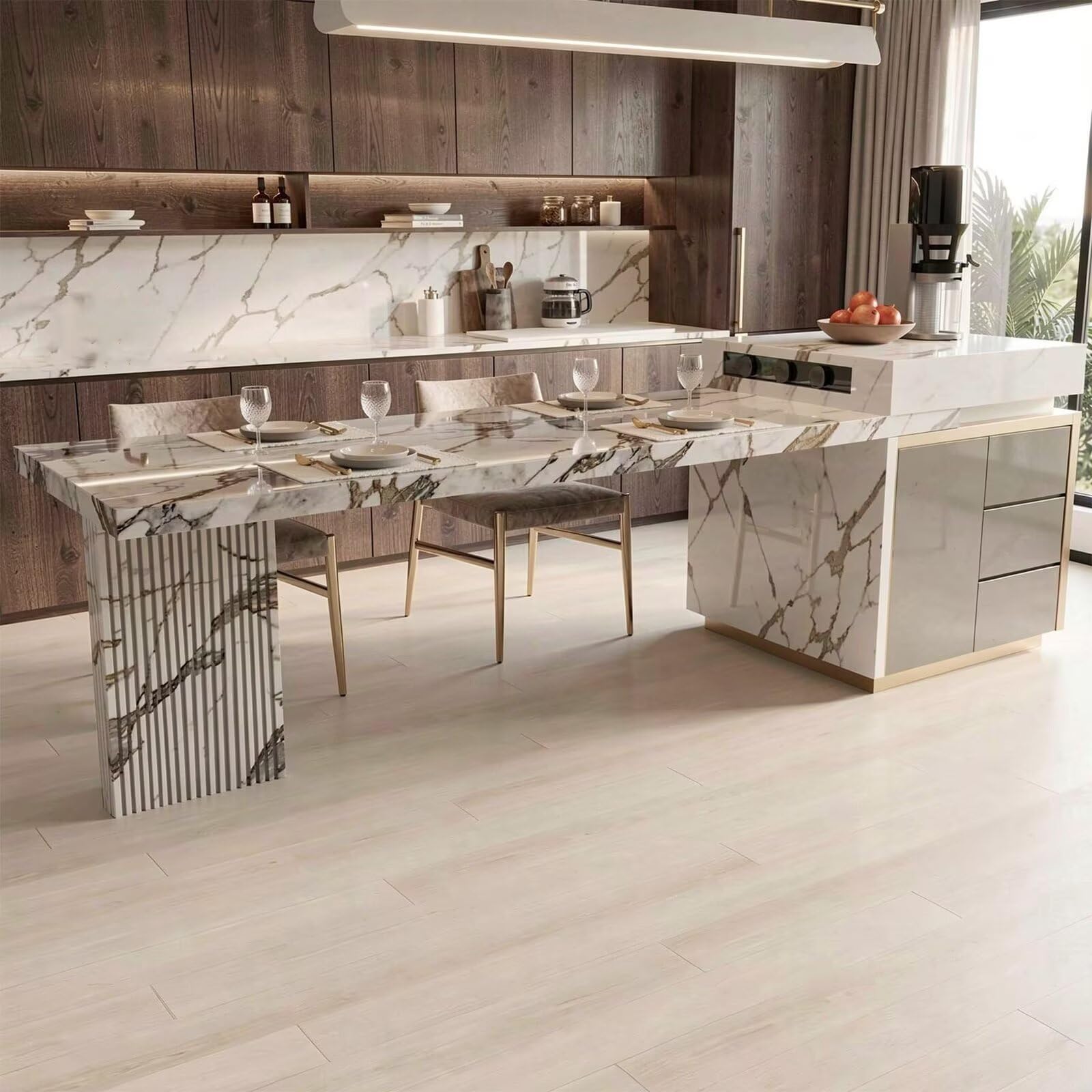 60"-79"Luxury Marble Kitchen Island Dining Combo with LED Light & Gold Trim Storage
