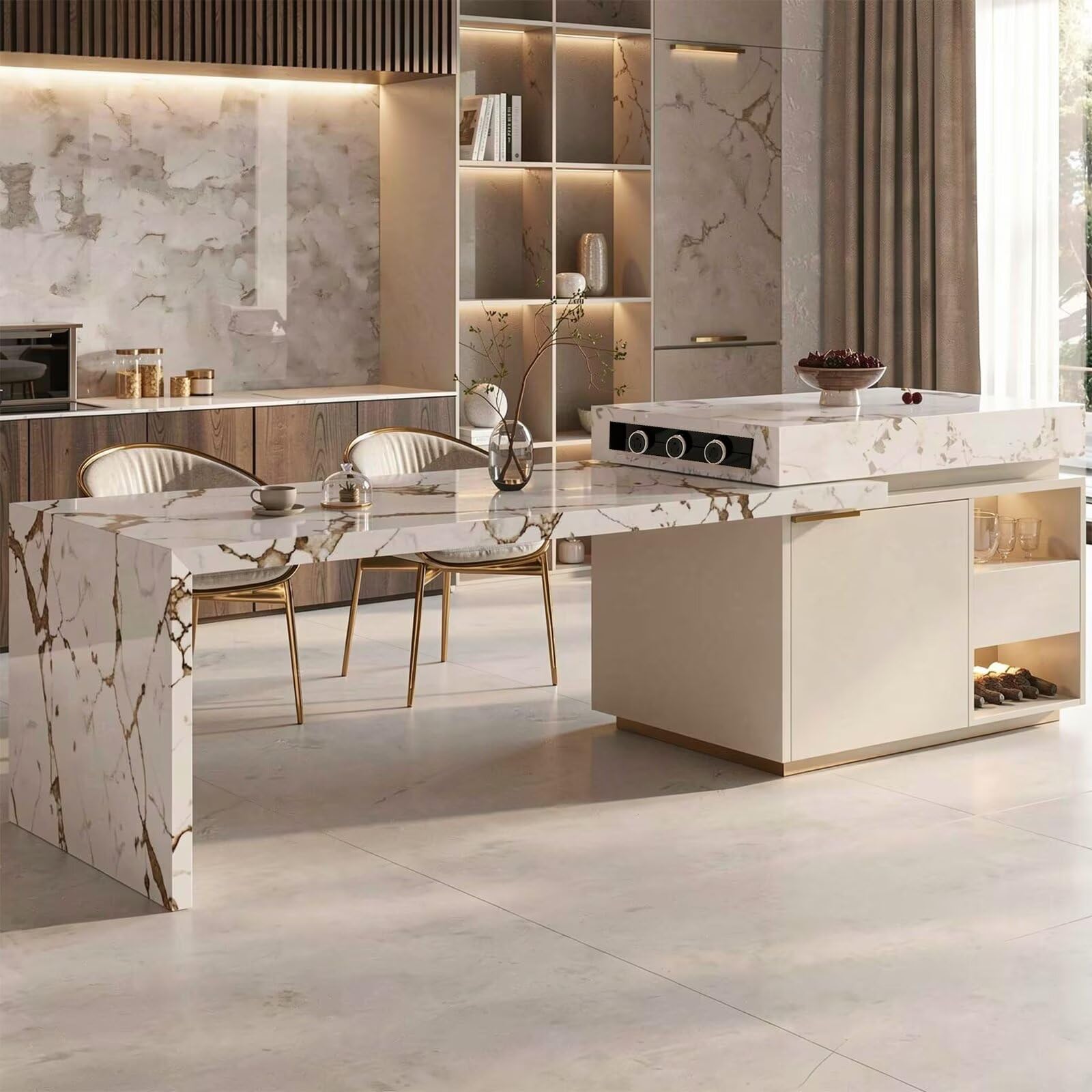60"-79"Elegant Italian Style Kitchen Island with Marble Top, Gold Base & Built-in Power Hub