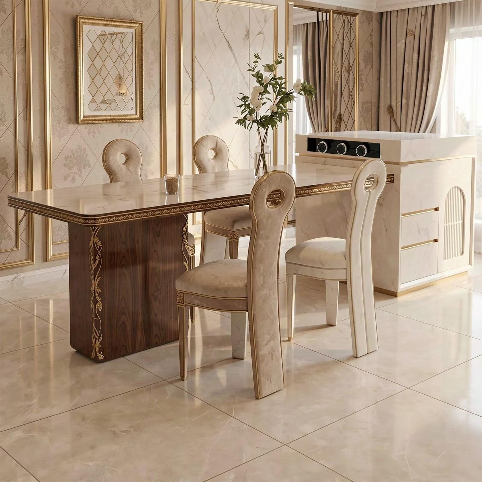 60"-79"Elegant French Style Kitchen Island with Marble Dining Table &amp; Storage Cabinet