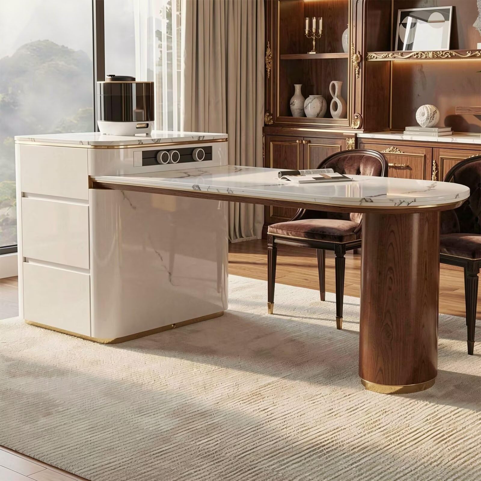 60"-79"Luxury Marble & Wood Kitchen Island Dining Combo with Built-in Outlets & Drawers