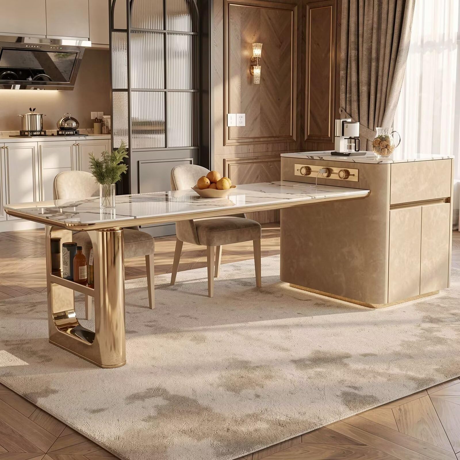 60"-79"Elegant Marble Kitchen Island Dining Set with Gold Metal Base & Built-in Power Station