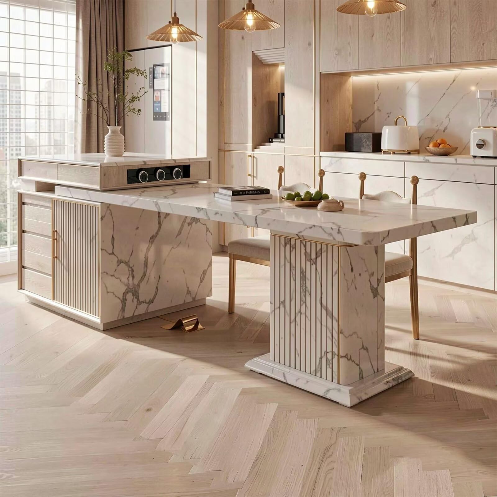 60"-79"Luxury White Marble Kitchen Island with Extendable Dining Table & Gold Trim