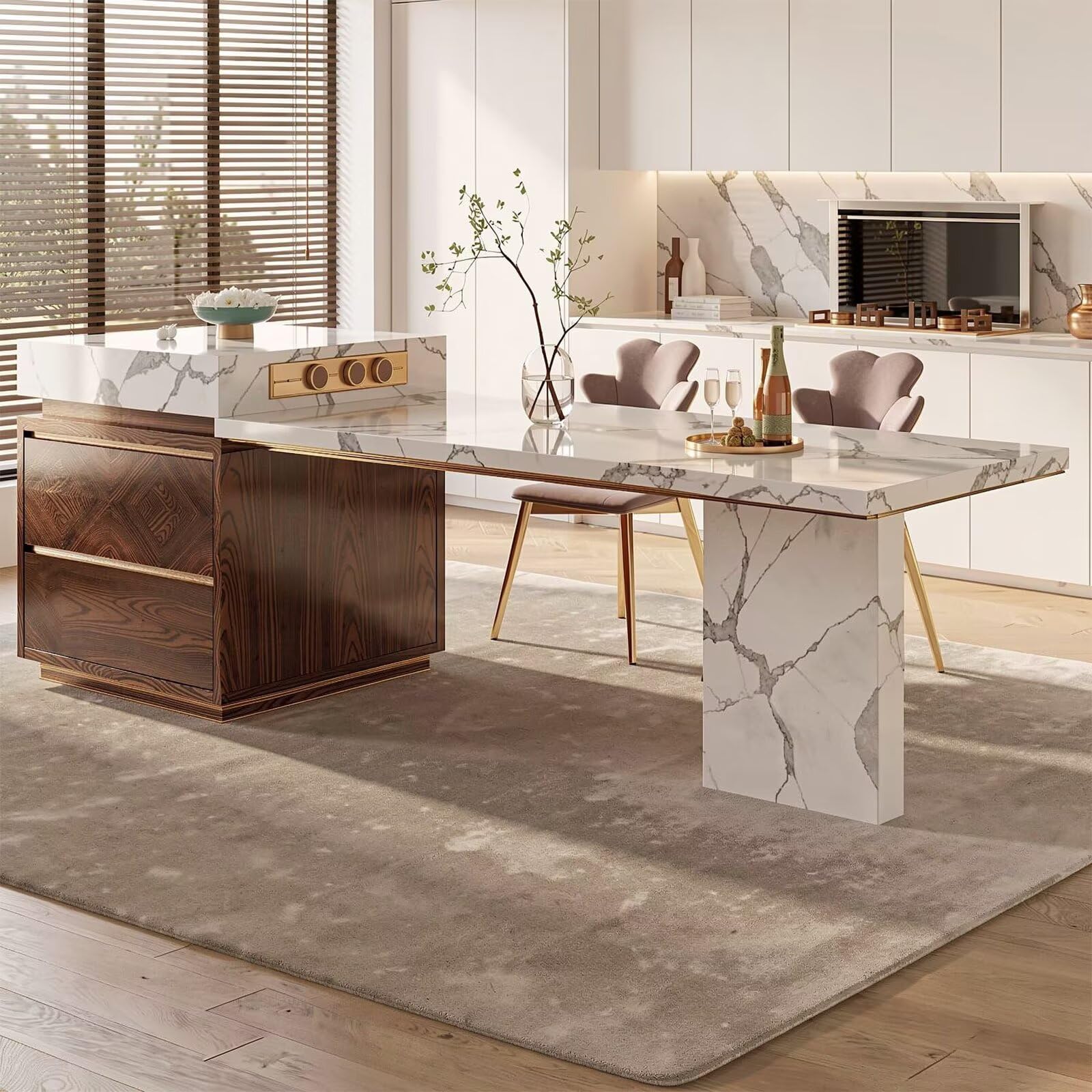 60"-79"Elegant Marble Kitchen Island Dining Set with Wood Accents & Integrated Storage