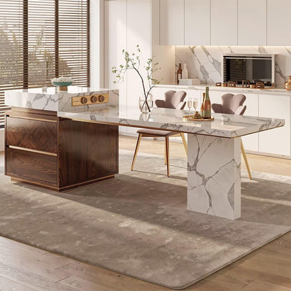 60"-79"Elegant Marble Kitchen Island Dining Set with Wood Accents & Integrated Storage