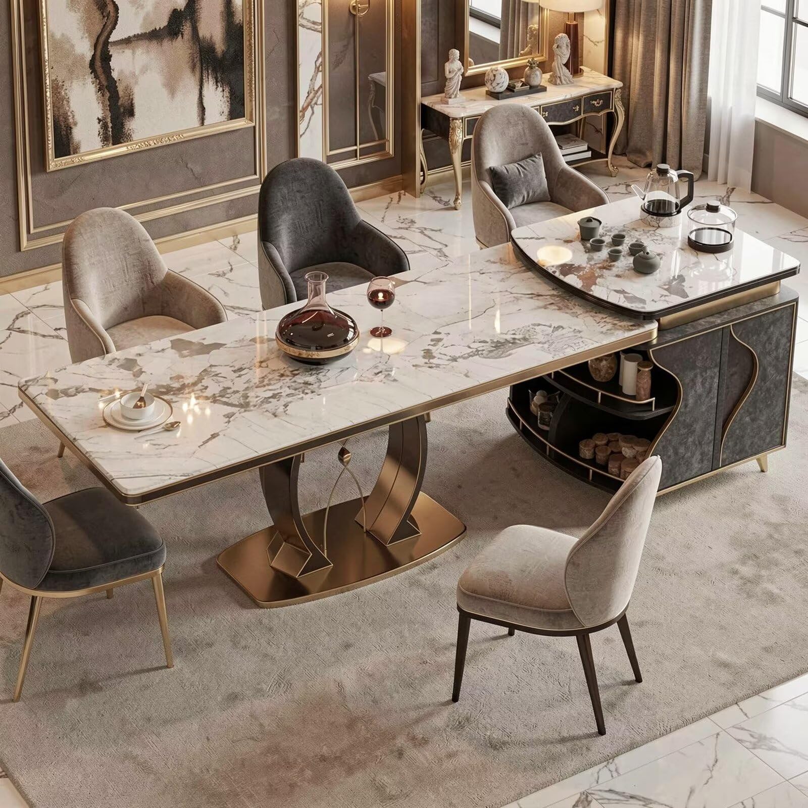 60"-79"Luxury Marble Kitchen Island with Integrated Dining Table, Tea Set & Gold Trim