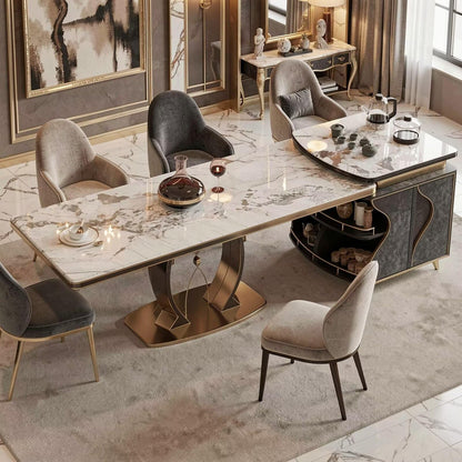 60"-79"Luxury Marble Kitchen Island with Integrated Dining Table, Tea Set & Gold Trim