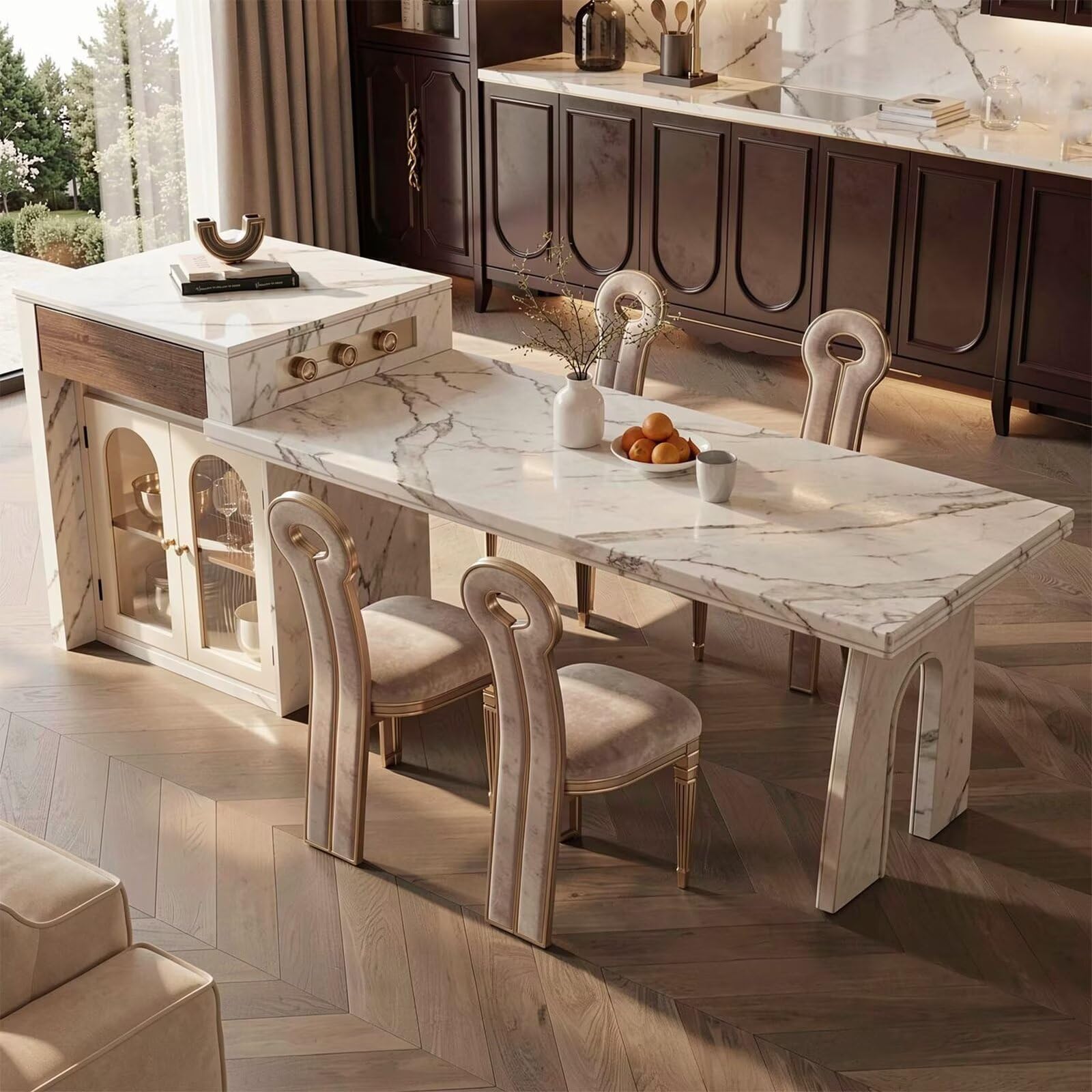60"-79"French Marble Kitchen Island Dining Combo with Built-in Outlets & Glass Cabinet