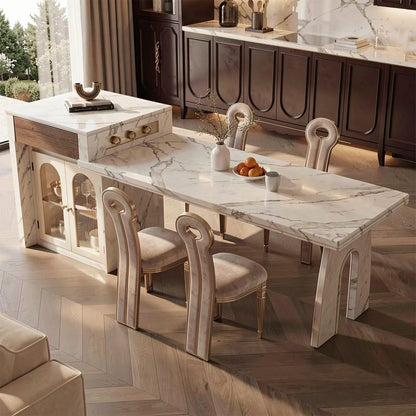 60"-79"French Marble Kitchen Island Dining Combo with Built-in Outlets & Glass Cabinet
