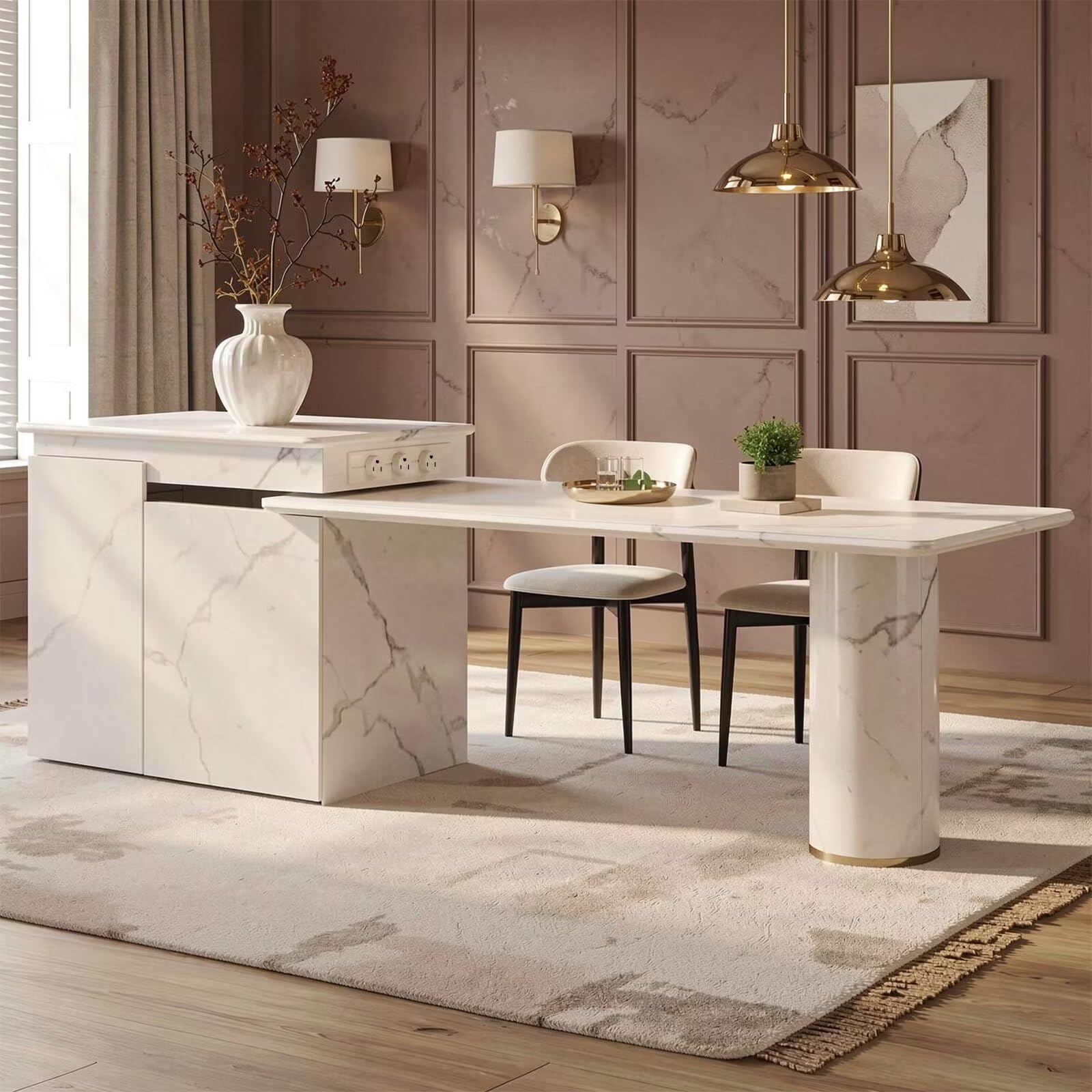 60"-79"Modern Marble Kitchen Island Dining Combo with Built-in Outlets & Storage Cabinet