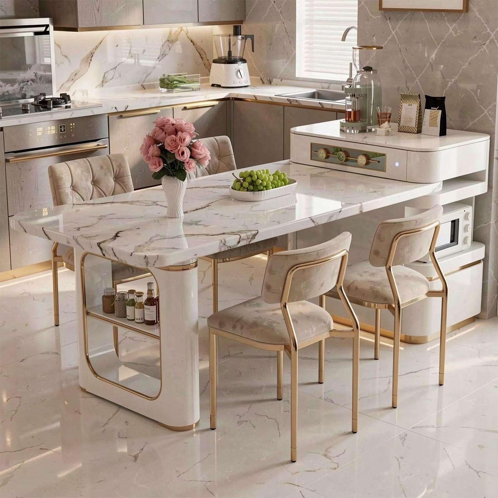 60"-79"Luxury Marble Kitchen Island Dining Combo with Built-in Outlets & Open Storage