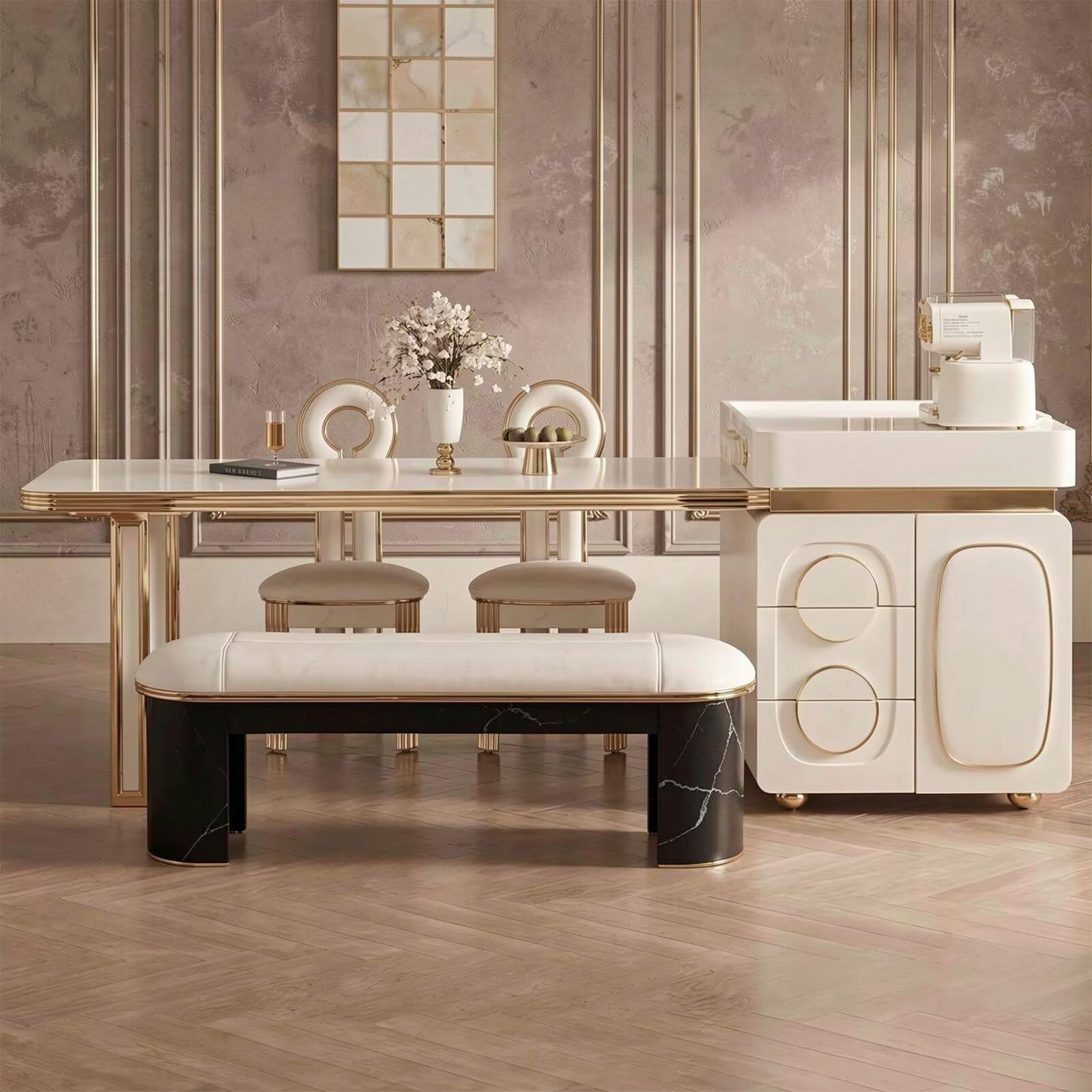 60"-79"White & Gold Kitchen Island Dining Combo with Built-in Outlets & Storage Cabinet