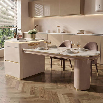 60"-79"Luxury Marble Oval Kitchen Island with Extendable Dining Table &amp; Gold Trim