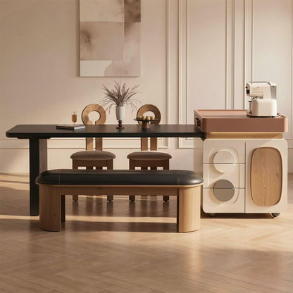 60"-79"Cream Style Kitchen Island Combo with Black Dining Table & Rolling Storage Cabinet
