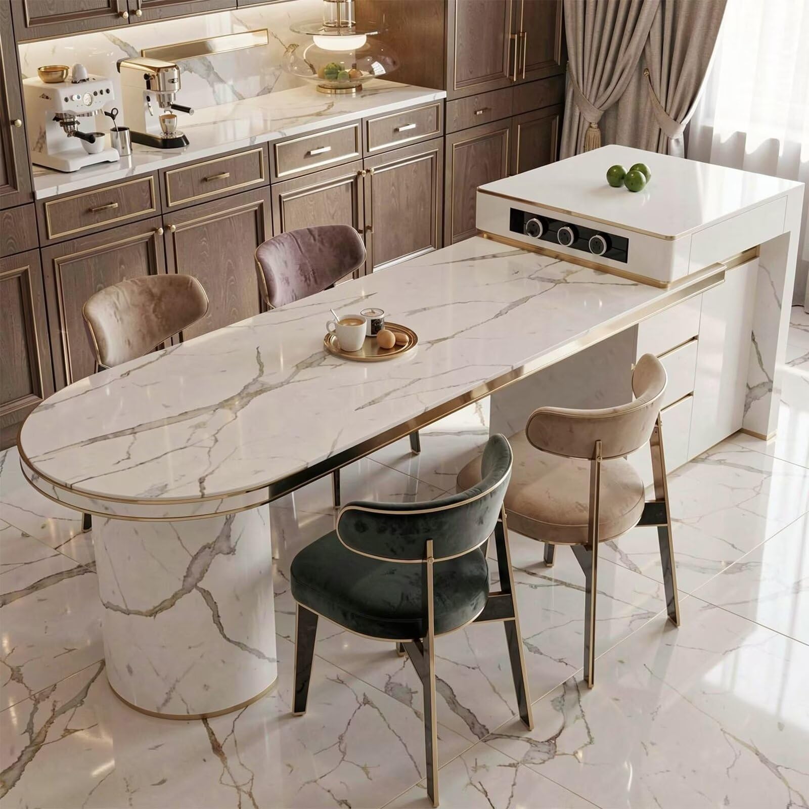 60"-79"White Marble Oval Kitchen Island Dining Combo with Built-in Outlets & Storage
