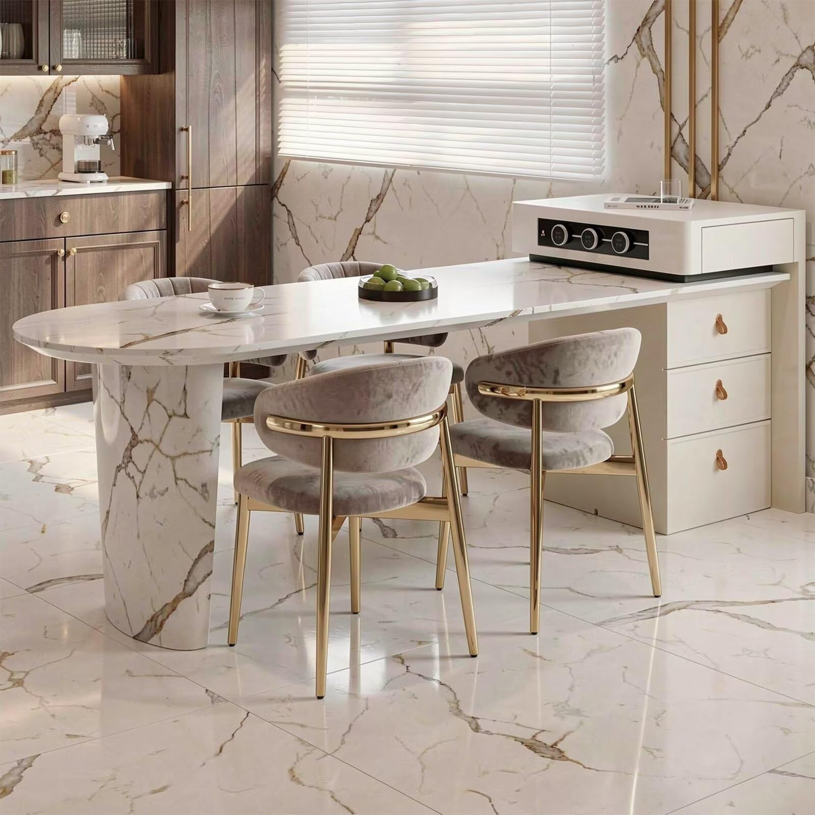 60"-79"Modern Oval Marble Kitchen Island with Integrated Dining Table & Gold Accents