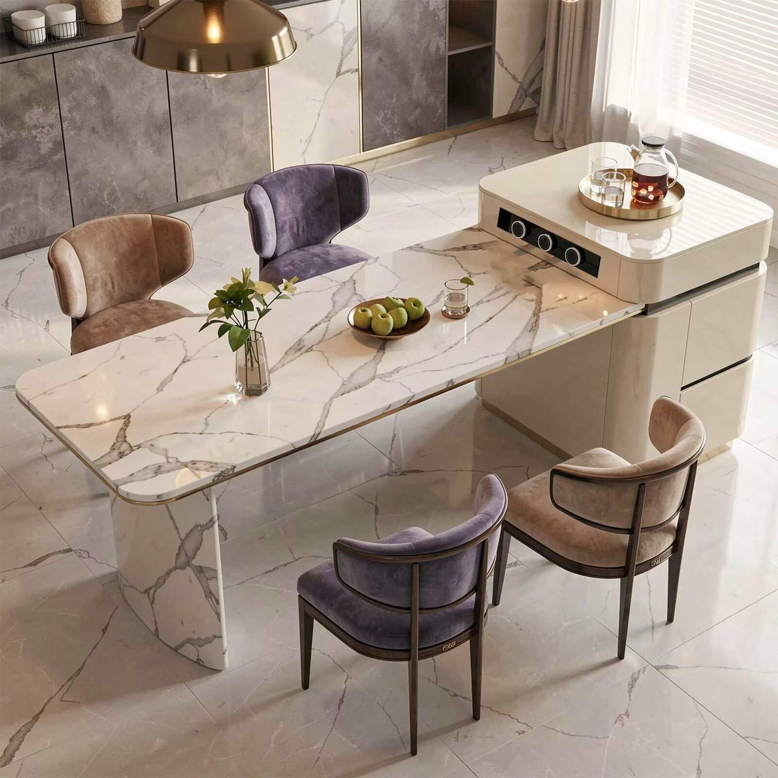60"-79"Marble Kitchen Island Dining Combo with Built-in Outlets & Storage Drawers