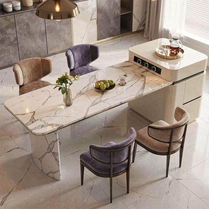 60"-79"Marble Kitchen Island Dining Combo with Built-in Outlets & Storage Drawers