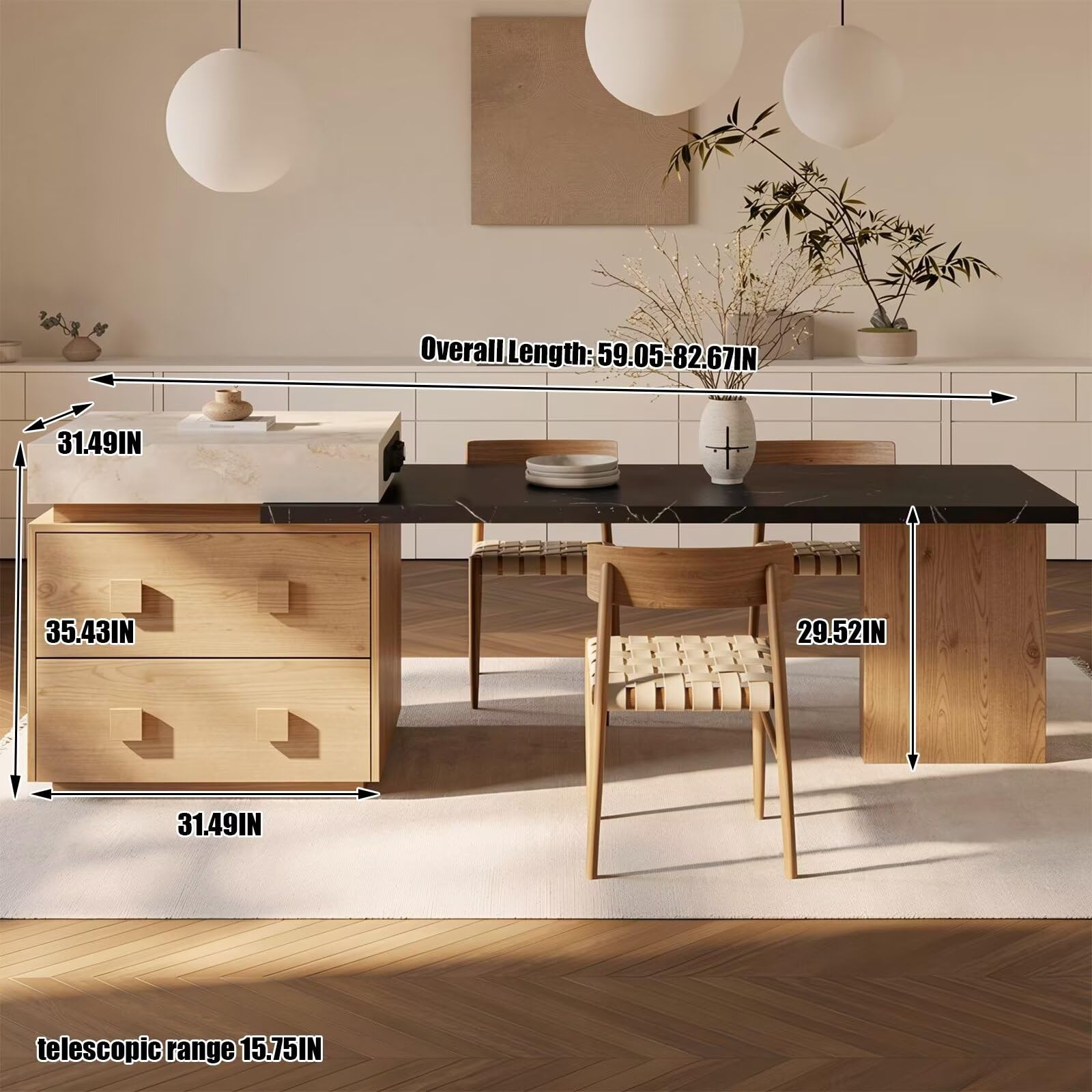 60"-79"Wood & Marble Kitchen Island with Integrated Dining Table & Storage Drawers