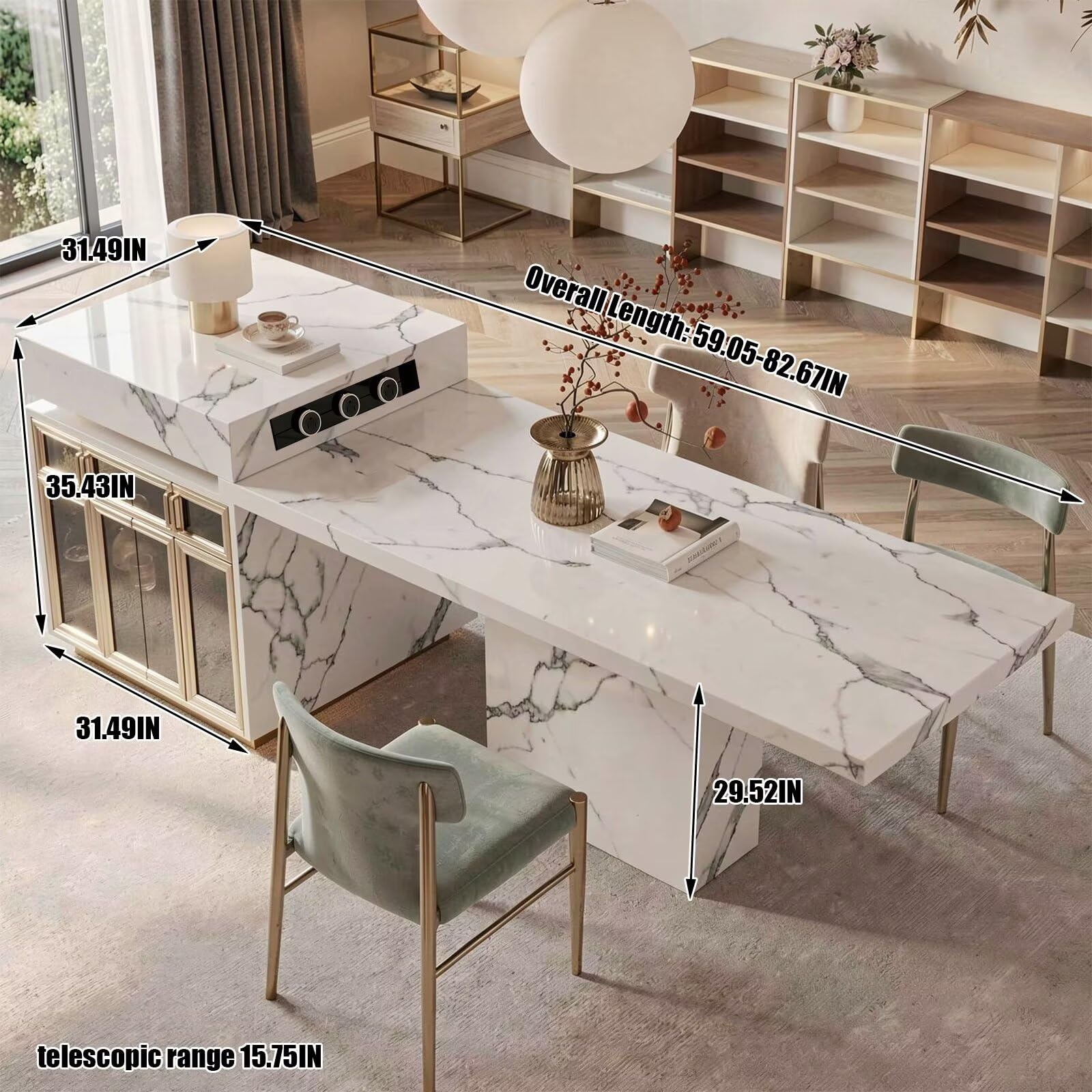 60"-79"Luxury Marble Kitchen Island with Dining Table, Gold Trim & Built-in Power Station