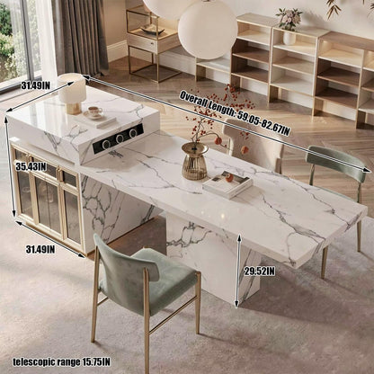 Luxury Marble Kitchen Island with Dining Table, Gold Trim & Built-in Power Station