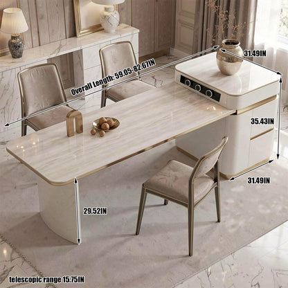 60"-79"Cream Marble Kitchen Island Dining Combo with Built-in Outlets & Storage Drawers