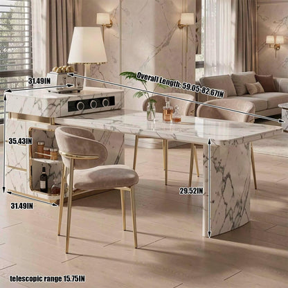 60"-79"White Marble Kitchen Island Dining Combo with Built-in Outlets & Side Wine Storage