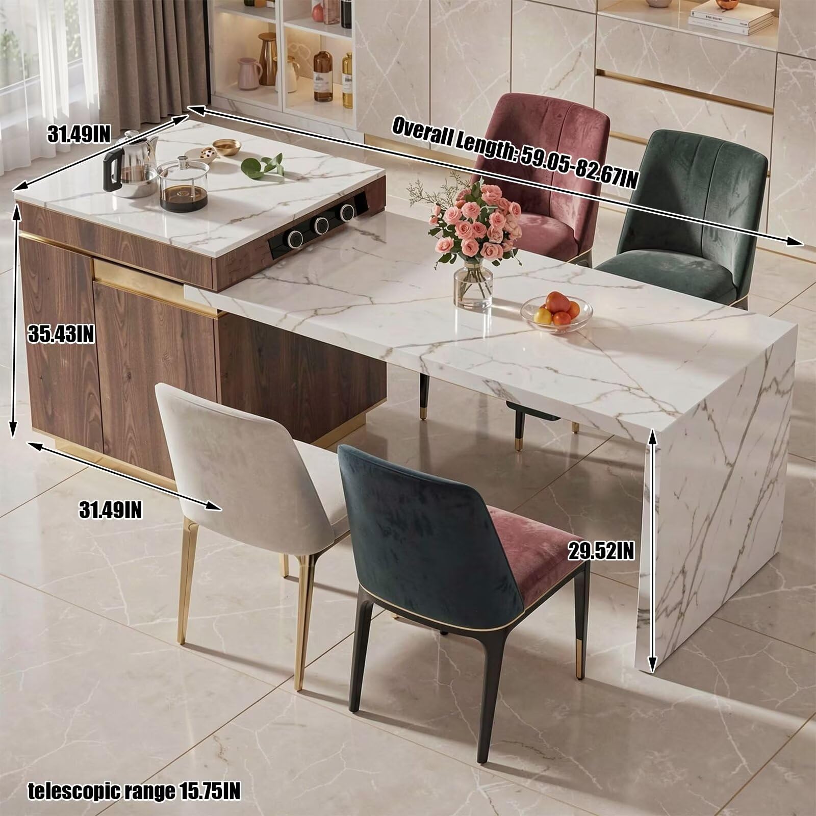 60“-79”Wood &amp; Marble Kitchen Island with Dining Table, Tea Station &amp; Built-in Power Station