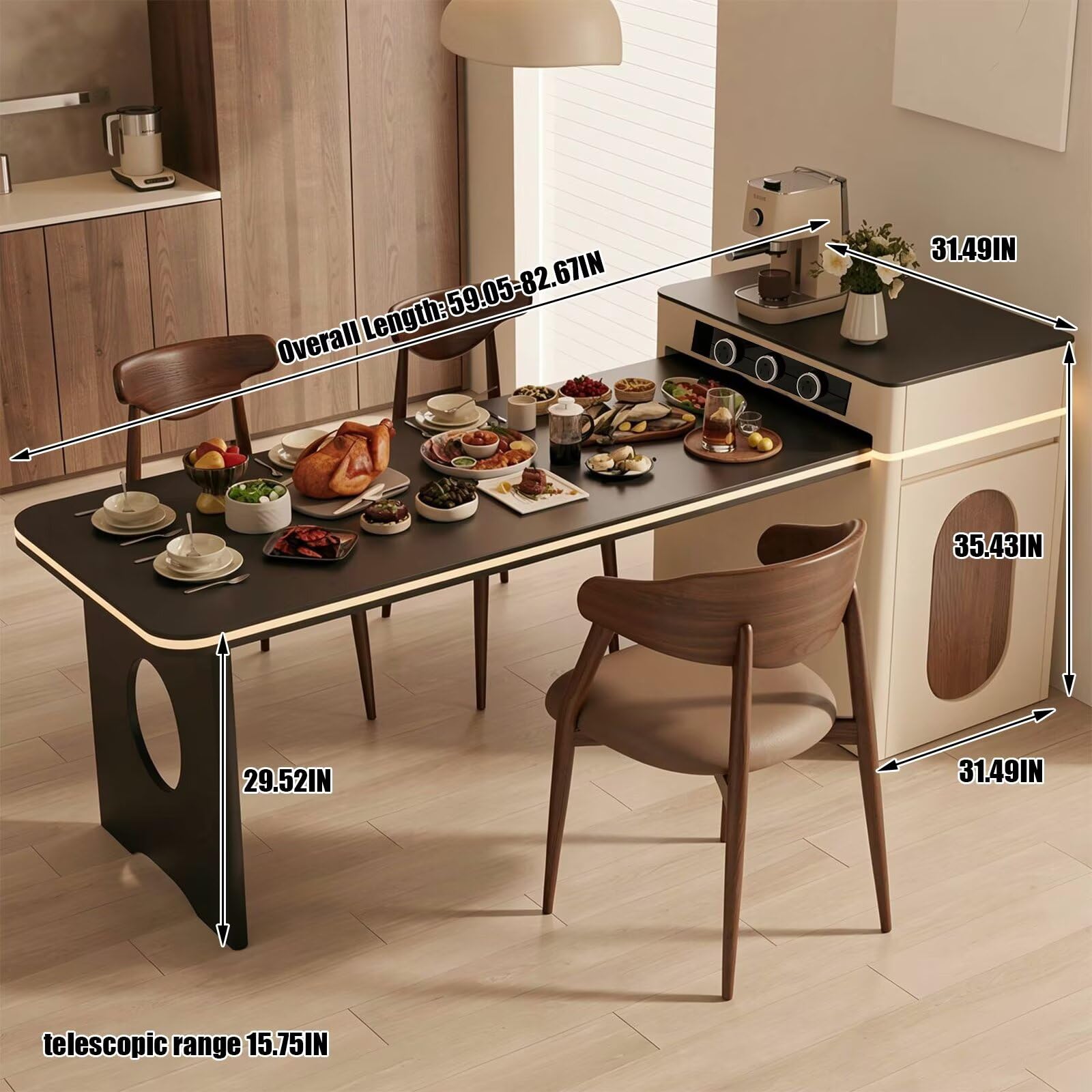 60"-79"Cream Style Kitchen Island with Black Dining Top, Power Outlets & Storage Cabinet