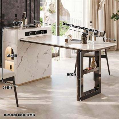 60"-79"White Marble Kitchen Island Dining Combo with Built-in Outlets & Side Storage