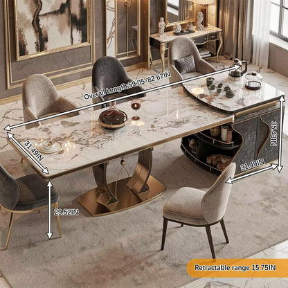 60"-79"Luxury Marble Kitchen Island with Integrated Dining Table, Tea Set & Gold Trim